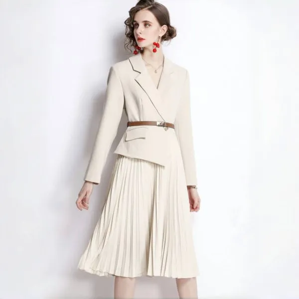 Lady’s pleated skirt long sleeve suit collar patchwork
