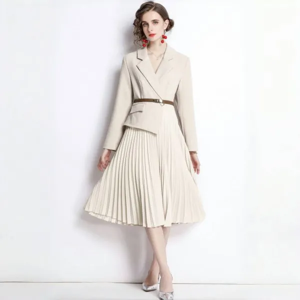 Lady’s pleated skirt long sleeve suit collar patchwork - Image 2