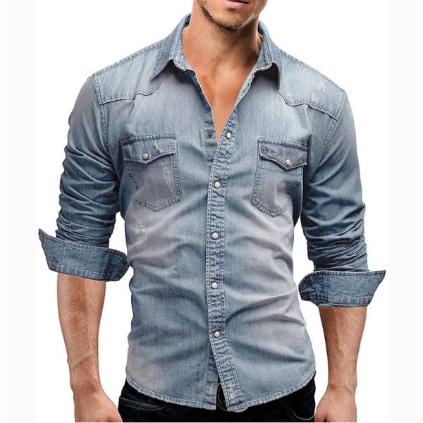 Splicing men's denim shirt - Image 2