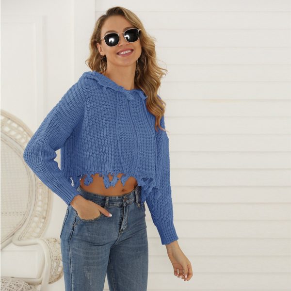 Loose knit hooded sweatshirt with exposed navel - Image 2