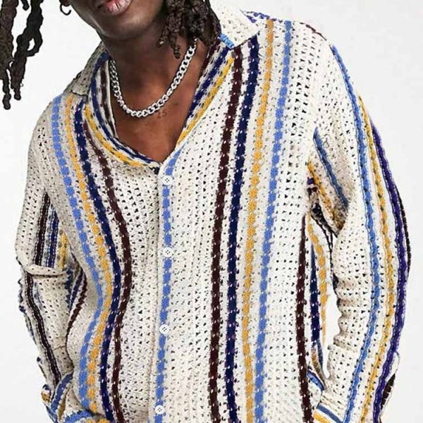 Beige knitted striped cardigan sweater