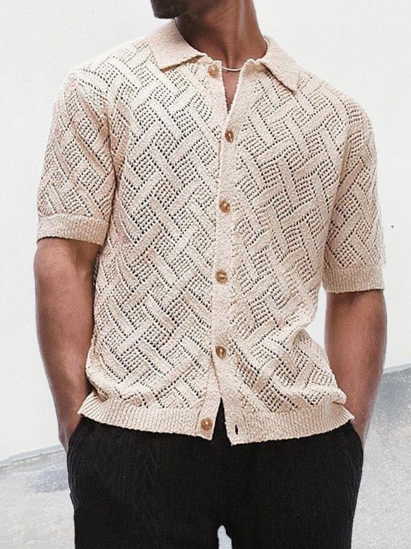 Men's polo collar hollowed out short sleeved cardigan - Image 3