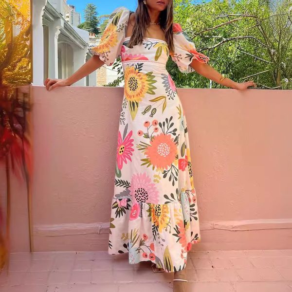 Printed lantern sleeve cotton linen dress - Image 3