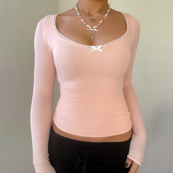 Square collar lace edge long sleeved shirt