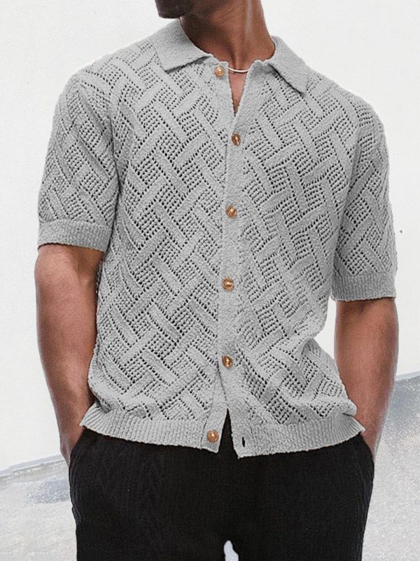 Men's polo collar hollowed out short sleeved cardigan