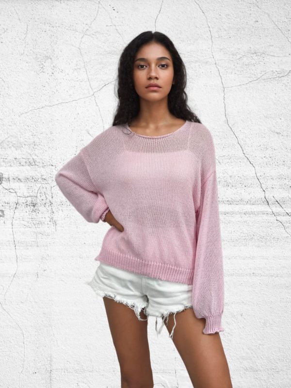 Lantern hollowed out round neck knitted sweater - Image 2
