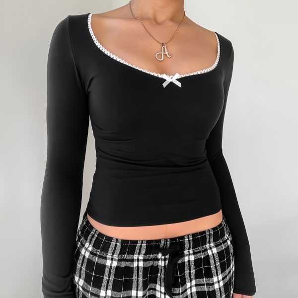 Square collar lace edge long sleeved shirt - Image 2