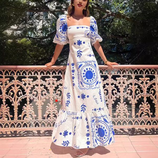 Printed lantern sleeve cotton linen dress