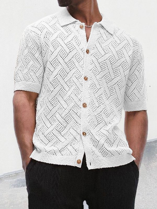 Men's polo collar hollowed out short sleeved cardigan - Image 2