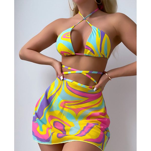 Printed cross tie bikini swimsuit three piece set