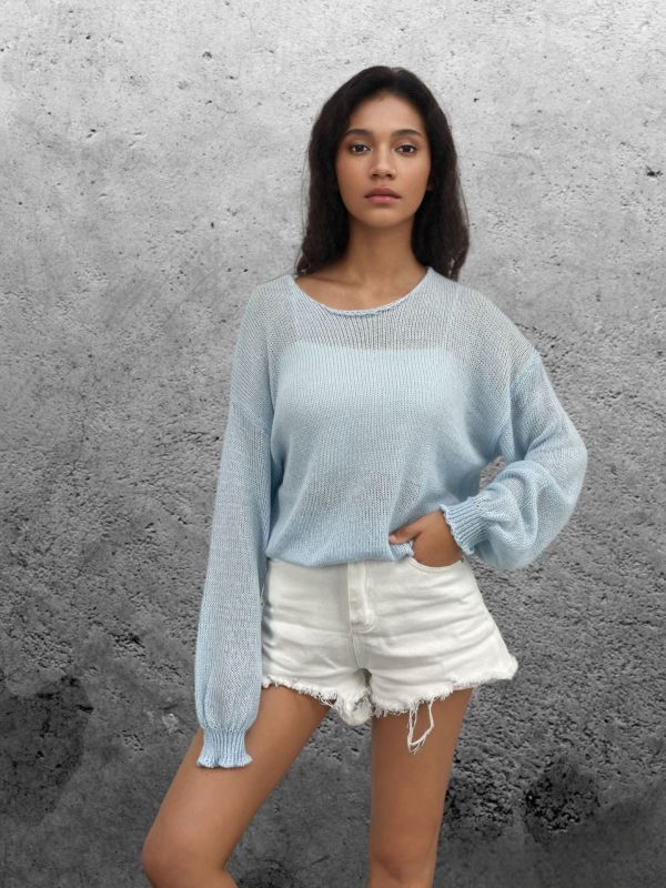 Lantern hollowed out round neck knitted sweater - Image 3