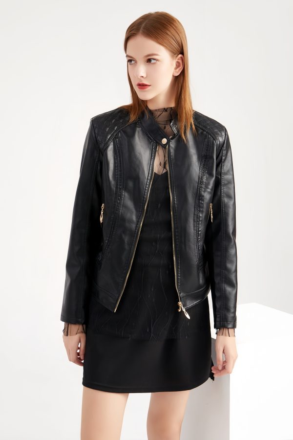 Standing collar women's leather jacket